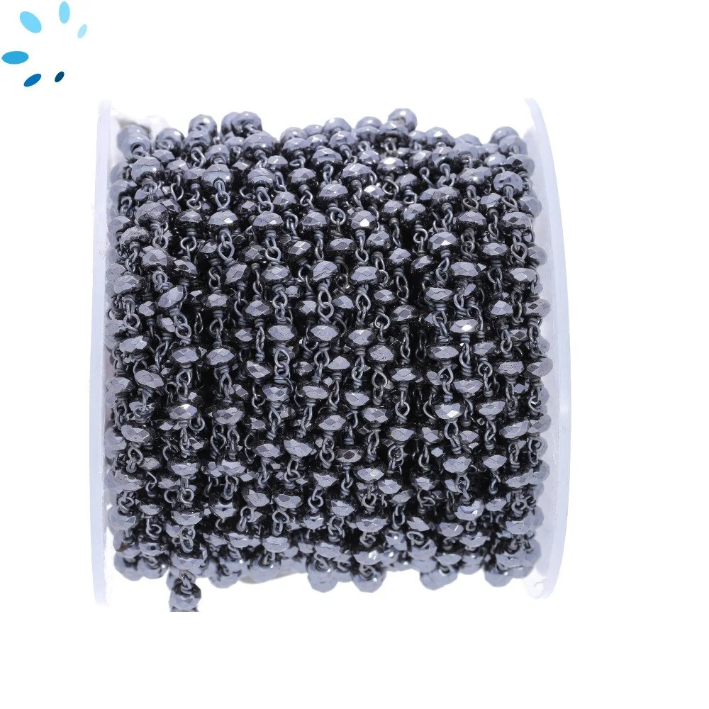 Hematite Faceted Button 4.0-4.5mm Sterling Silver Black Rhodium Plated Rosary Style Beaded Chain Per Foot