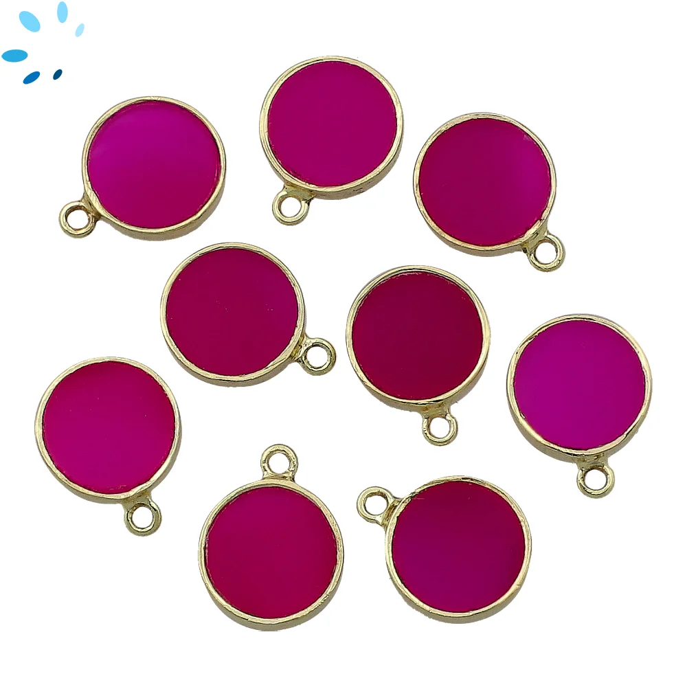 Hot Pink Chalcedony Coin Bezel Pendant Charm 12mm - 18k Gold Plated Sterling Silver - Set of 4