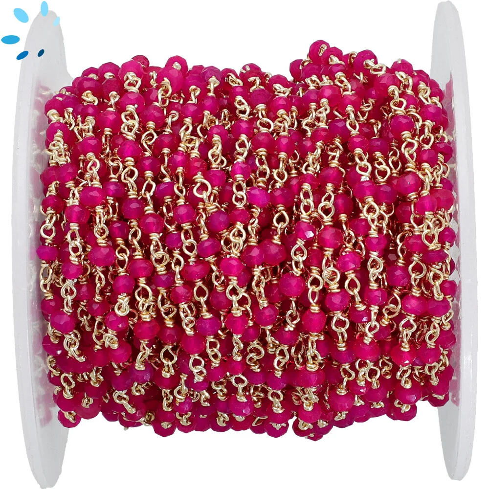 Hot Pink Chalcedony Faceted Button 4.0 - 4.5 mm Sterling Silver Gold Plated Rosary Style Beaded Chain Per Foot