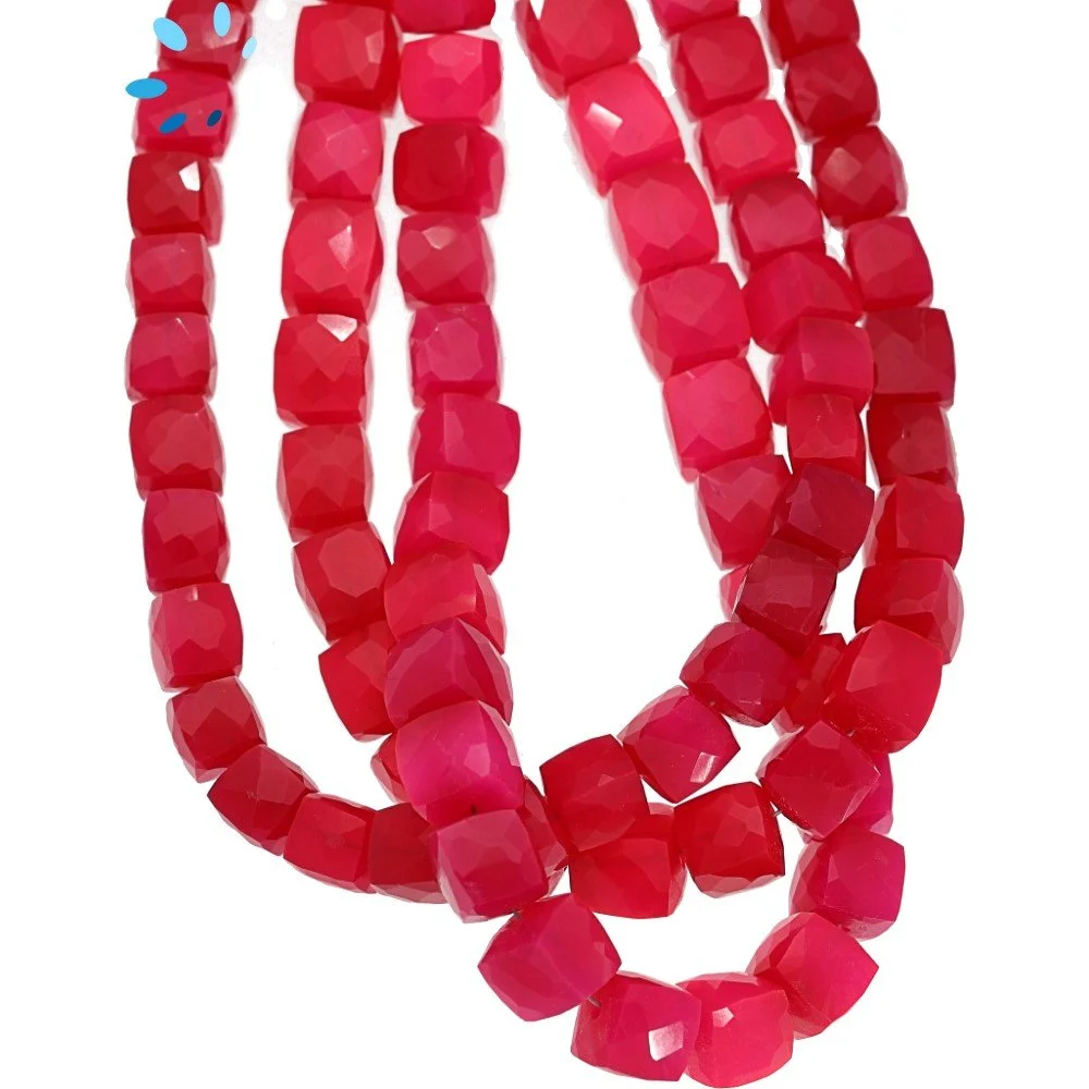 Hot Pink Chalcedony Faceted Cube Top to Bottom Drilled Beads 7mm - 8 Inch Strand