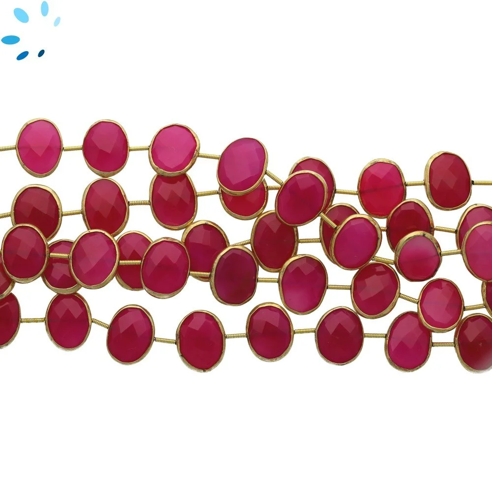 Hot Pink Chalcedony Faceted Nuggets Bezel Set Beads 15x12mm Center Drilled - 18k Gold Plated Sterling Silver