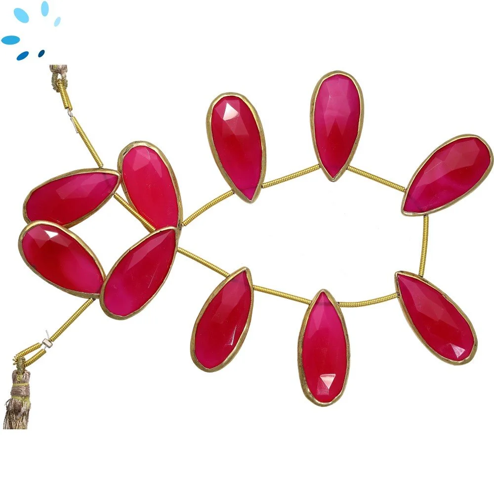 Hot Pink Chalcedony Faceted Pear Bezel Set Beads 24x12 - 28x14mm Top Drilled - 18k Gold Plated Sterling Silver