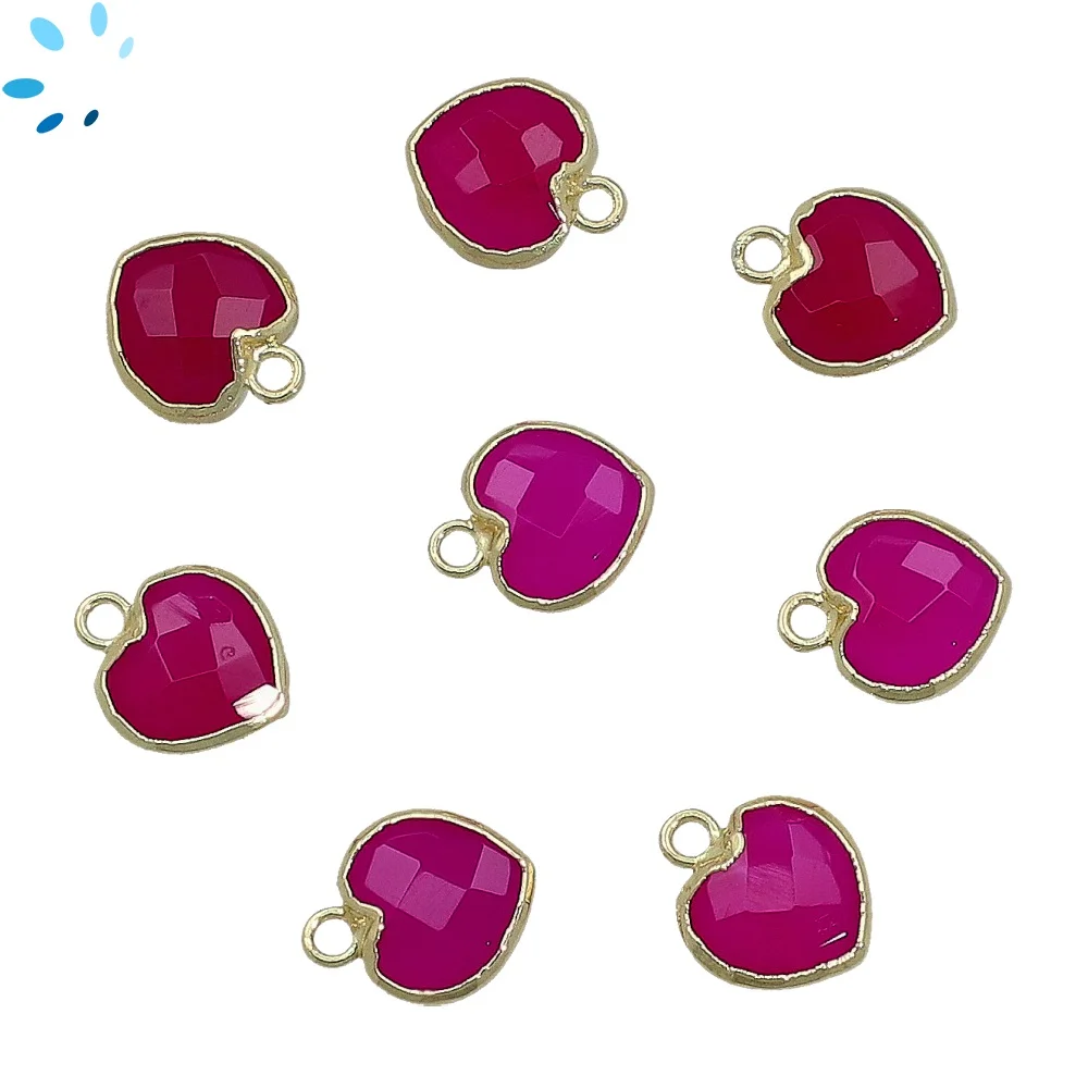 Hot Pink Chalcedony Heart Charm Pendant 9mm 18k Gold Electroplated - Set of 4