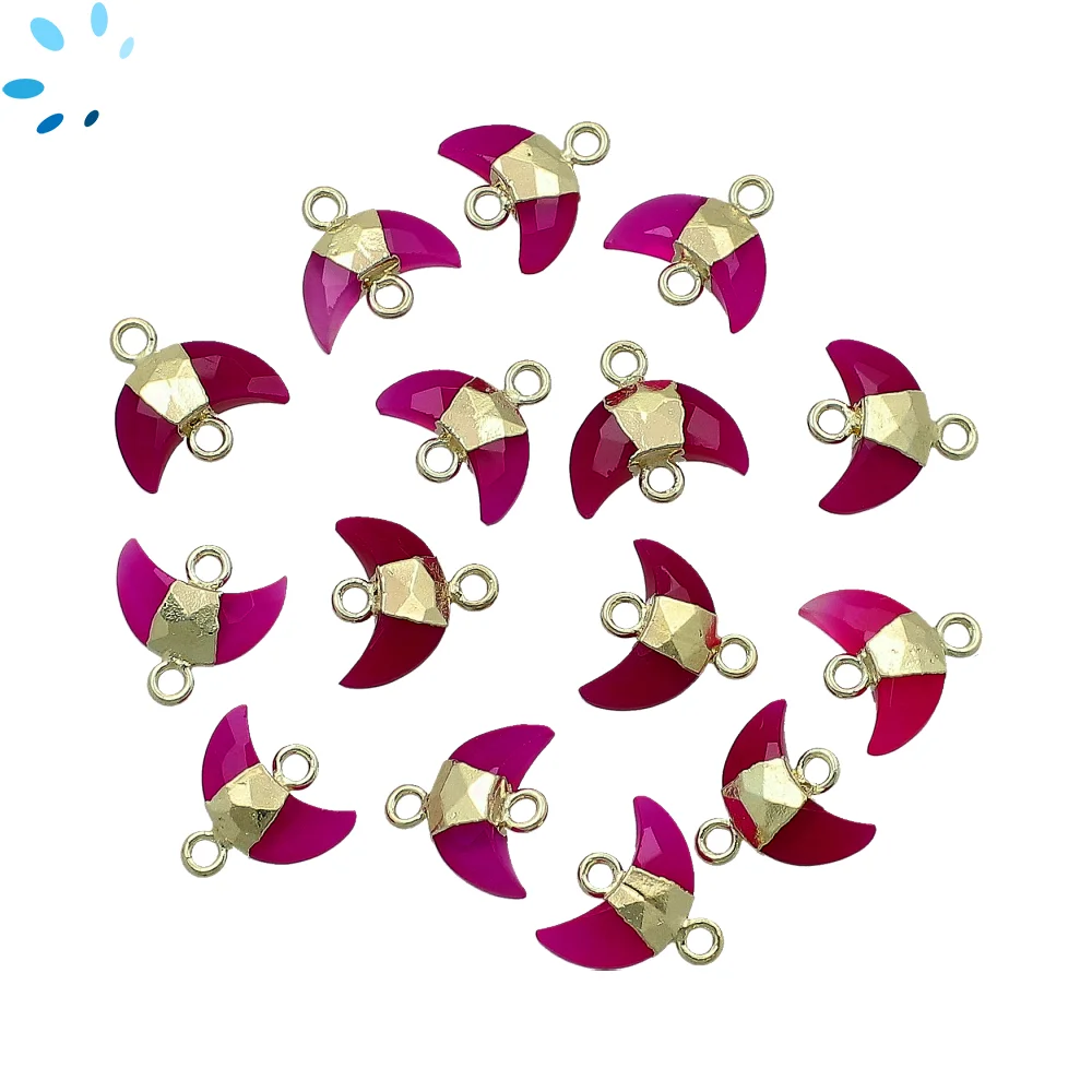 Hot Pink Chalcedony Moon Connector 10x5mm 18k Gold Electroplated - Set of 4