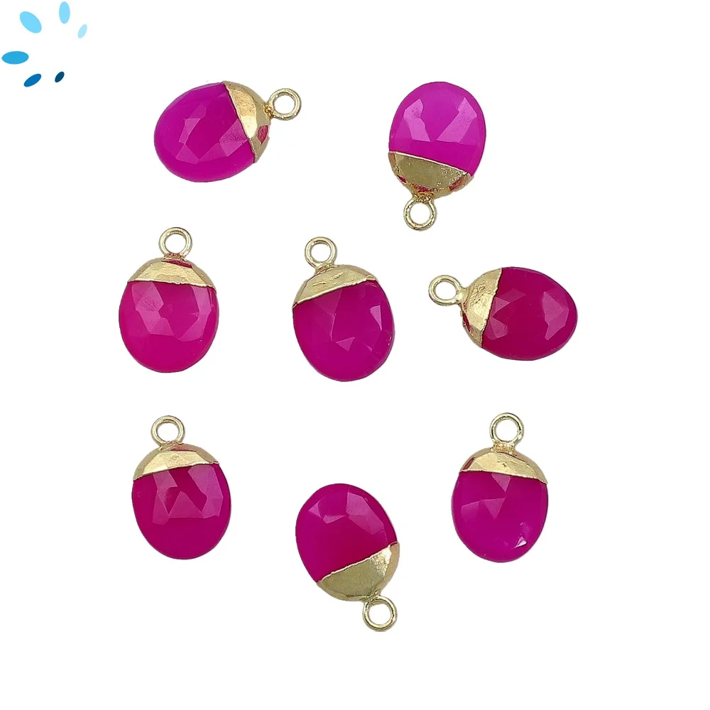 Hot Pink Chalcedony Oval Pendant Charm 10x8mm 18k Gold Electroplated - Set of 4