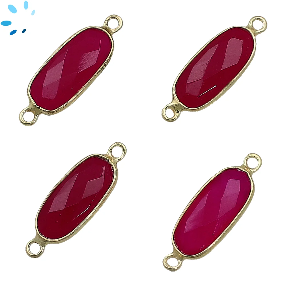 Hot Pink Chalcedony Rectangle Bezel Connector 16x7 - 18x8mm - 18k Gold Plated Sterling Silver - Set of 4
