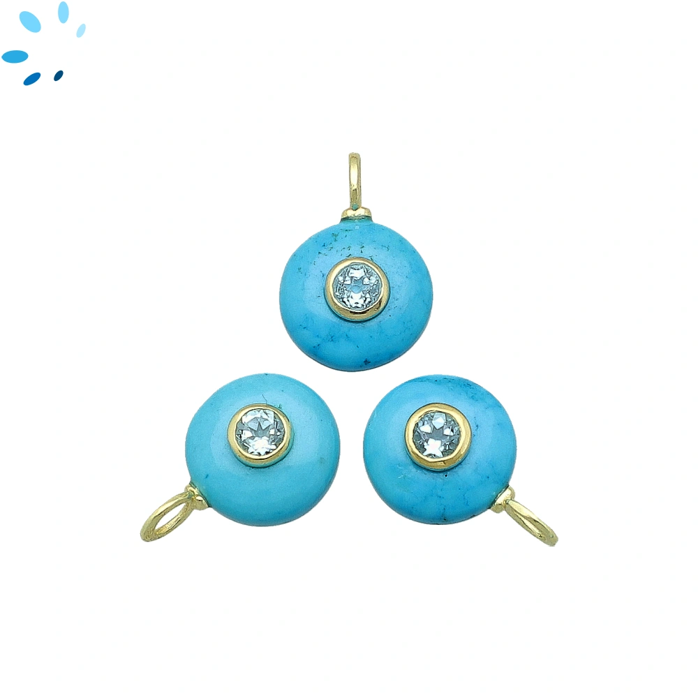 Howlite Turquoise & Blue Topaz Round Inlay Charm Pendant 12mm - 18k Gold Plated Sterling Silver - 1 Piece