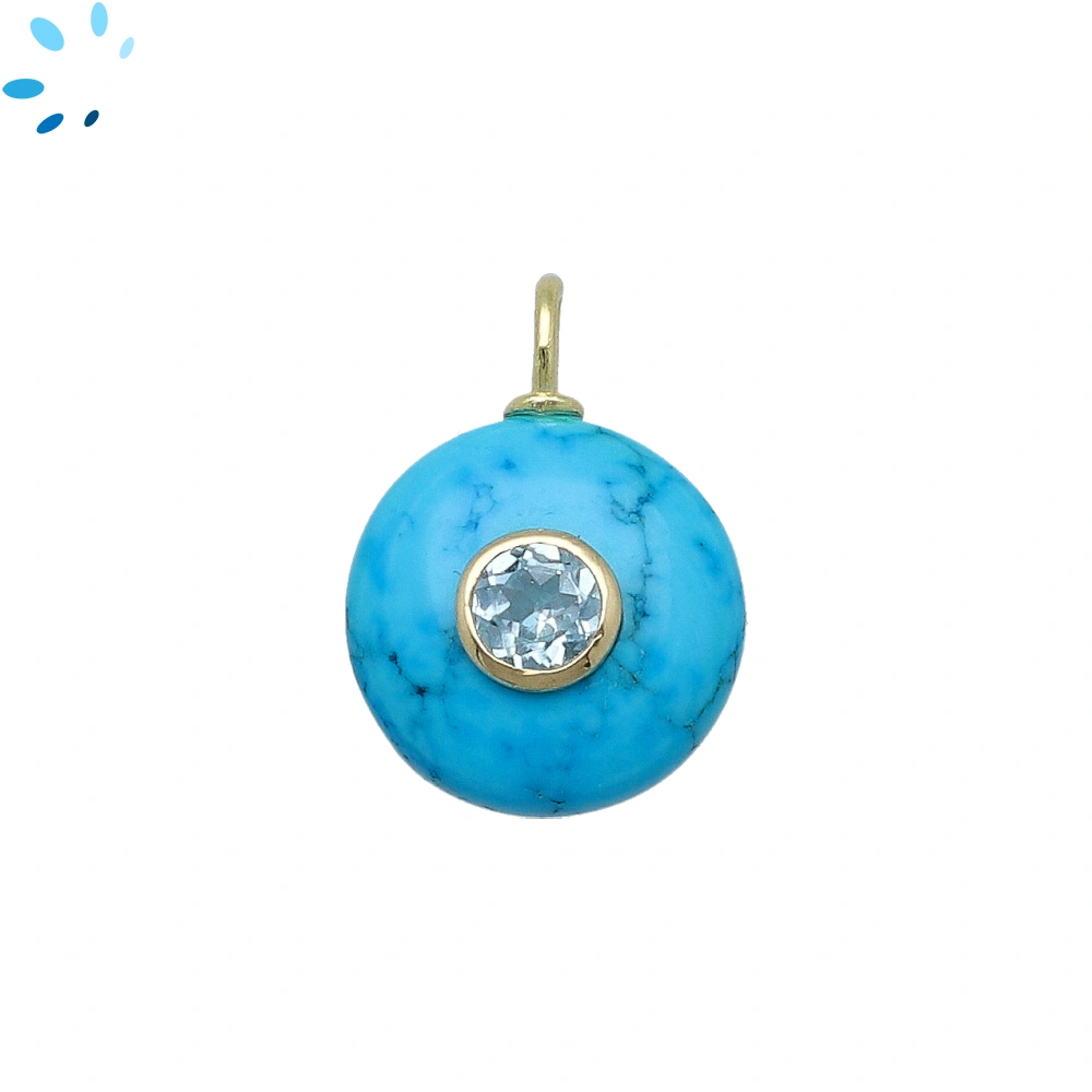 Howlite Turquoise & Blue Topaz Round Inlay Charm Pendant 16mm - 18k Gold Plated Sterling Silver - 1 Piece