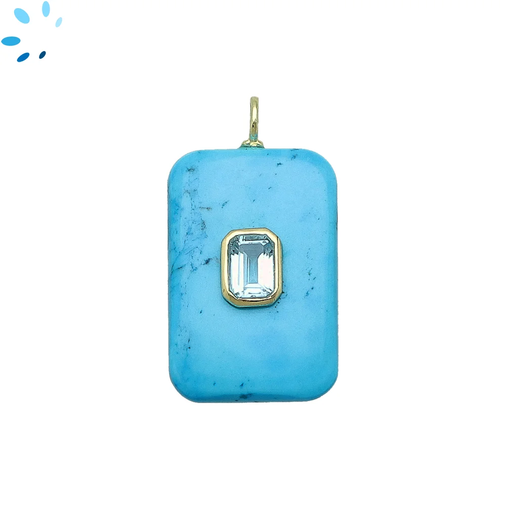 Howlite Turquoise & Blue Topaz Slab Rectangle Inlay Pendant Charm 28x18mm - 18k Gold Plated Sterling Silver 1 Piece