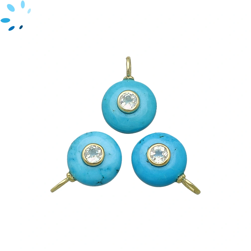 Howlite Turquoise & White Topaz Round Inlay Charm Pendant 12mm - 18k Gold Plated Sterling Silver - 1 Piece