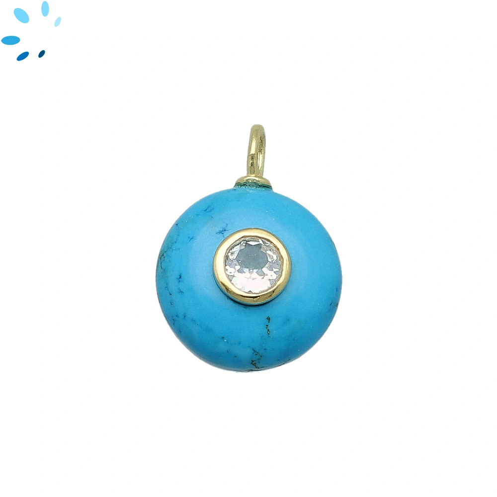 Howlite Turquoise & White Topaz Round Inlay Charm Pendant 16mm - 18k Gold Plated Sterling Silver - 1 Piece