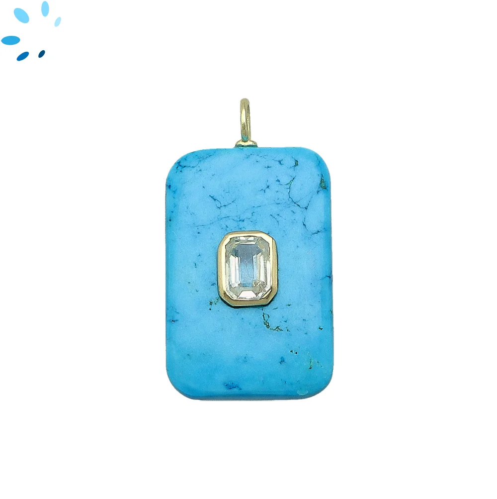 Howlite Turquoise & White Topaz Slab Rectangle Inlay Pendant Charm 28x18mm - 18k Gold Plated Sterling Silver 1 Piece