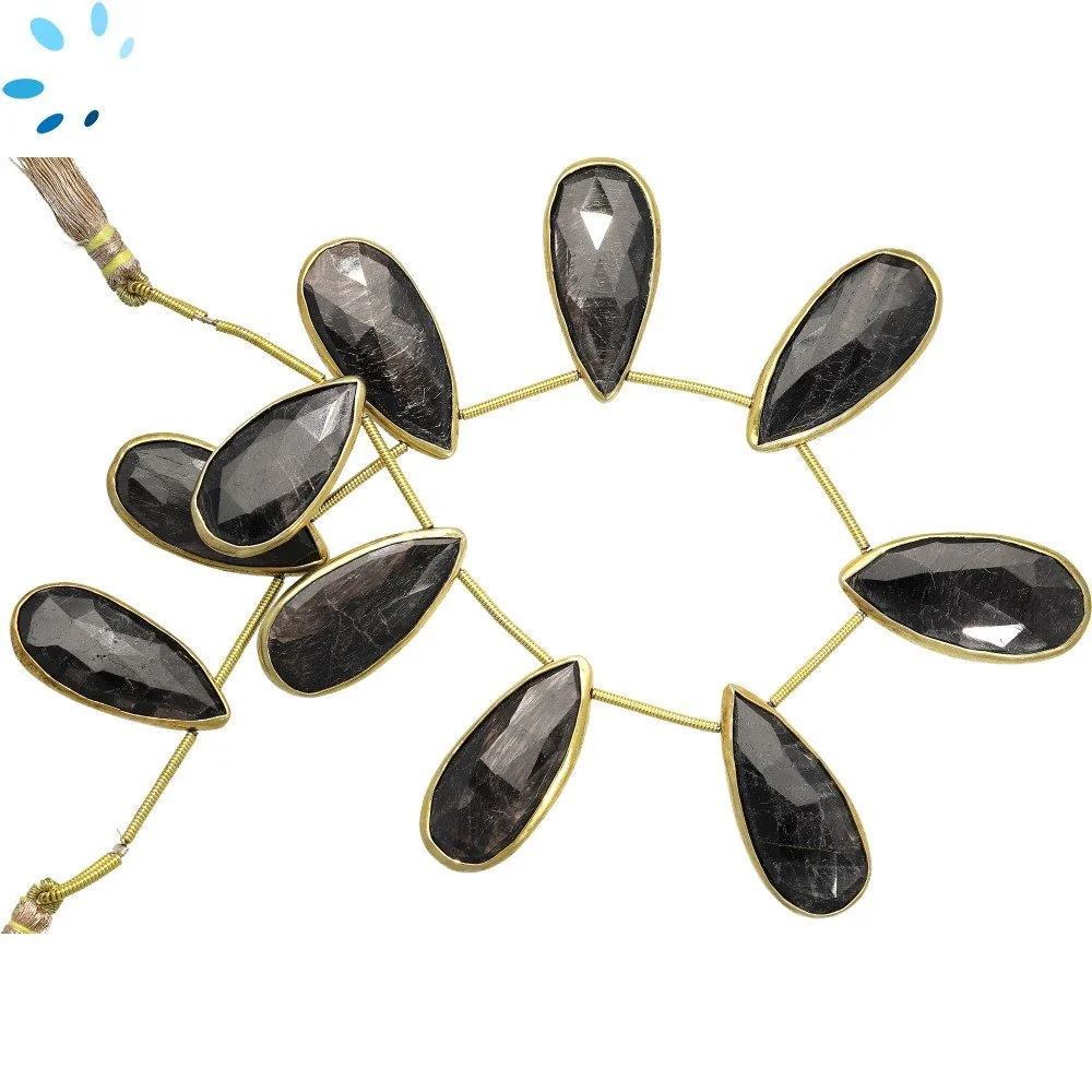 Hypersthene Faceted Pear Bezel Set Beads 24x12 - 28x14mm Top Drilled - 18k Gold Plated Sterling Silver