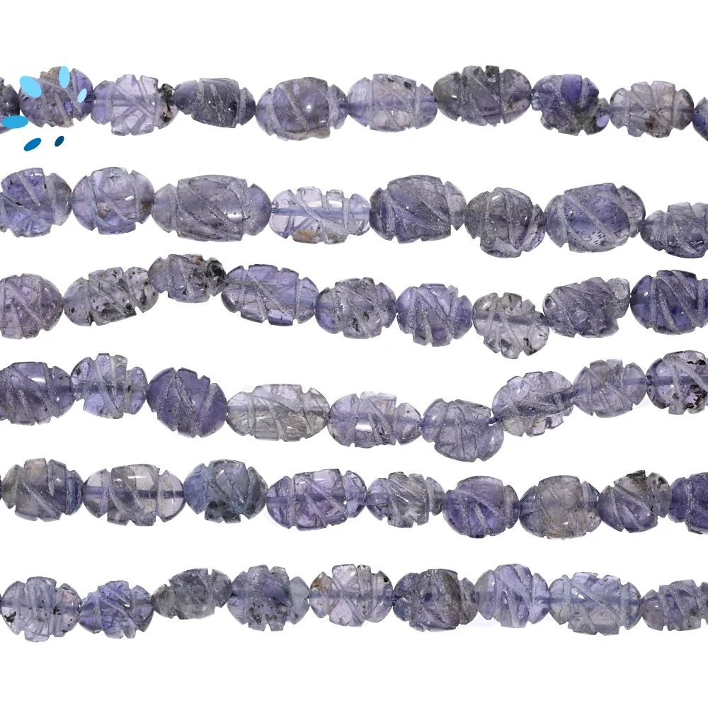 Iolite Carved Oval Top to Bottom Drilled Beads 7x5 - 10x8mm - 14 Inch Strand