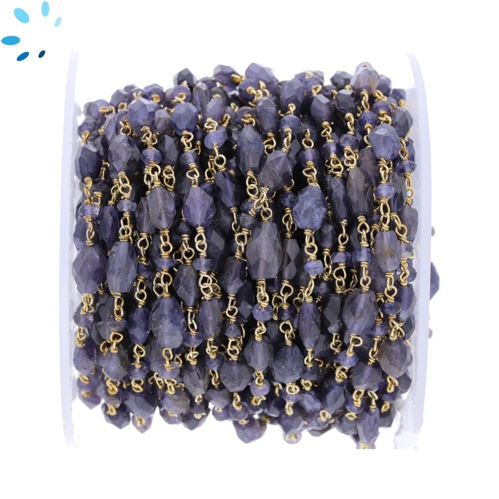 Iolite Faceted Oval & Button Sterling Silver Gold Plated Rosary Style Beaded Chain Per Foot-Gold Plated