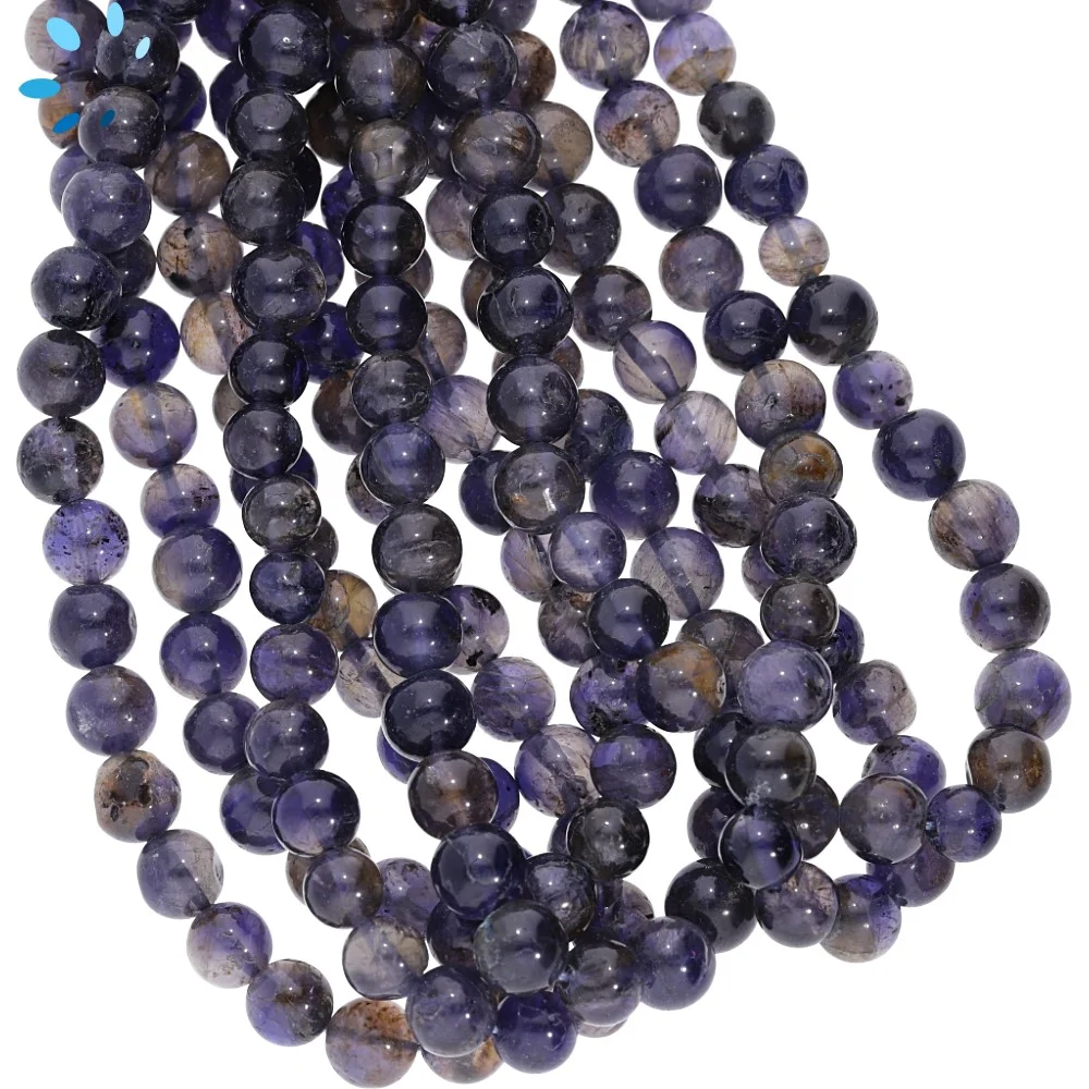 Iolite Smooth Round Top to Bottom Drilled Beads 7mm - 14 Inch Strand