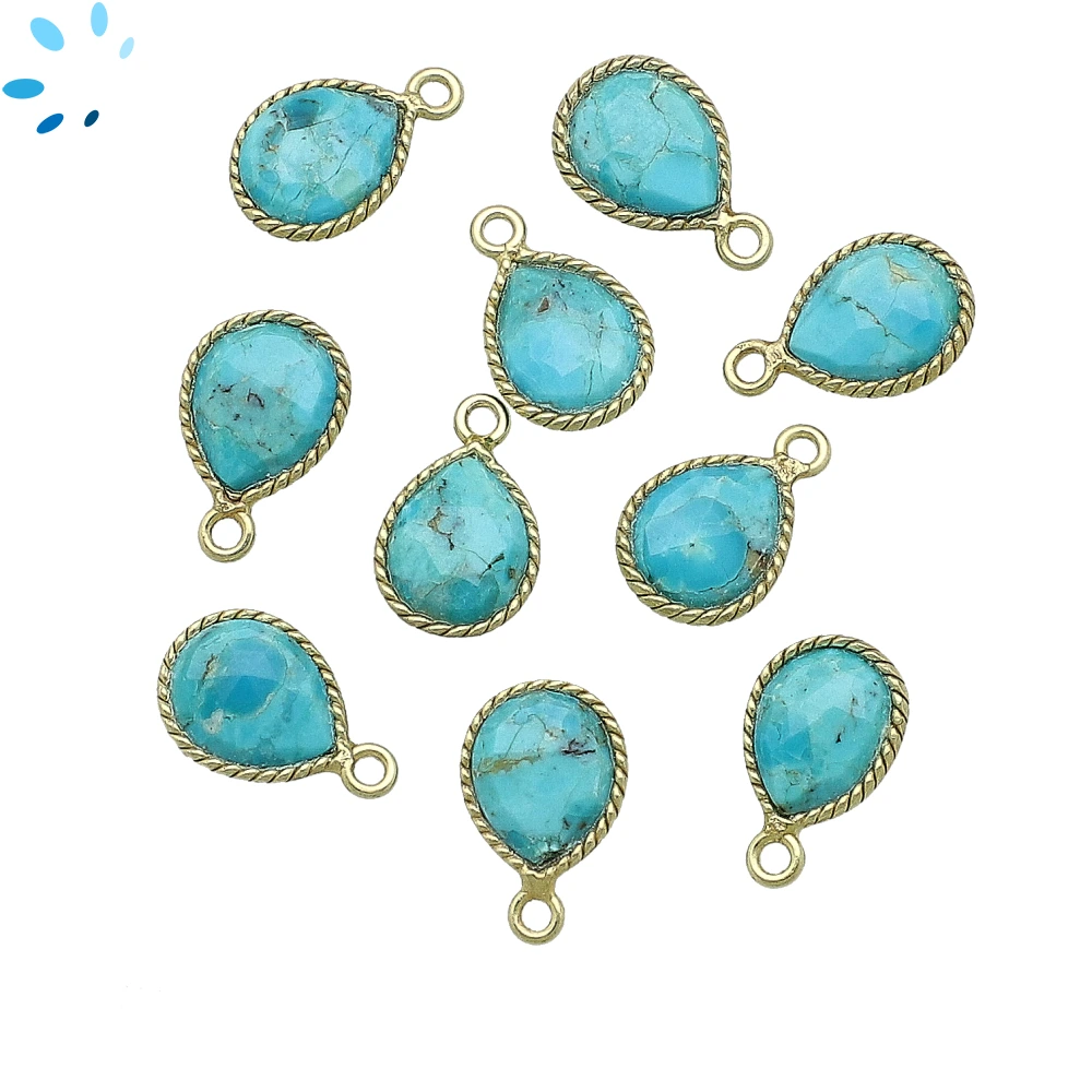 Kingman Block Turquoise Pear Twisted Wire Bezel Charm Pendant 10x9mm - 18k Gold Plated Sterling Silver - Set of 4