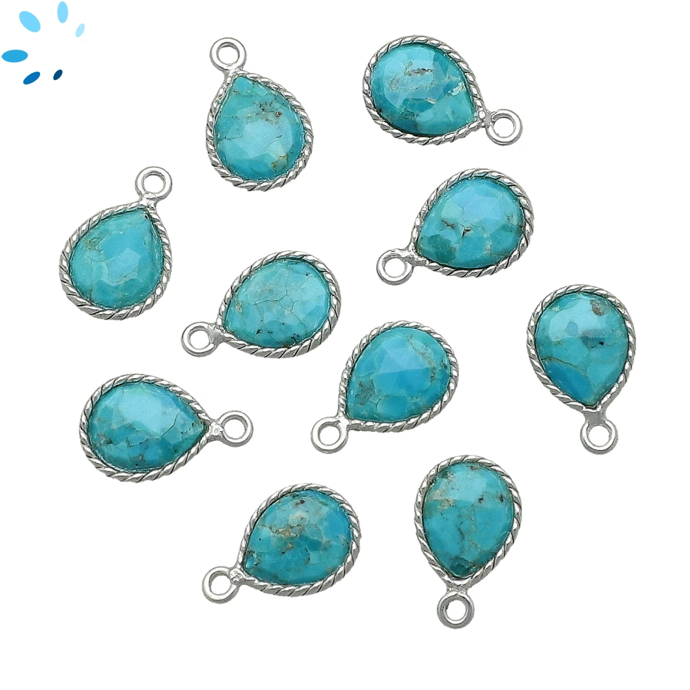 Kingman Block Turquoise Pear Twisted Wire Bezel Charm Pendant 10x9mm - Platinum Plated Sterling Silver - Set of 4