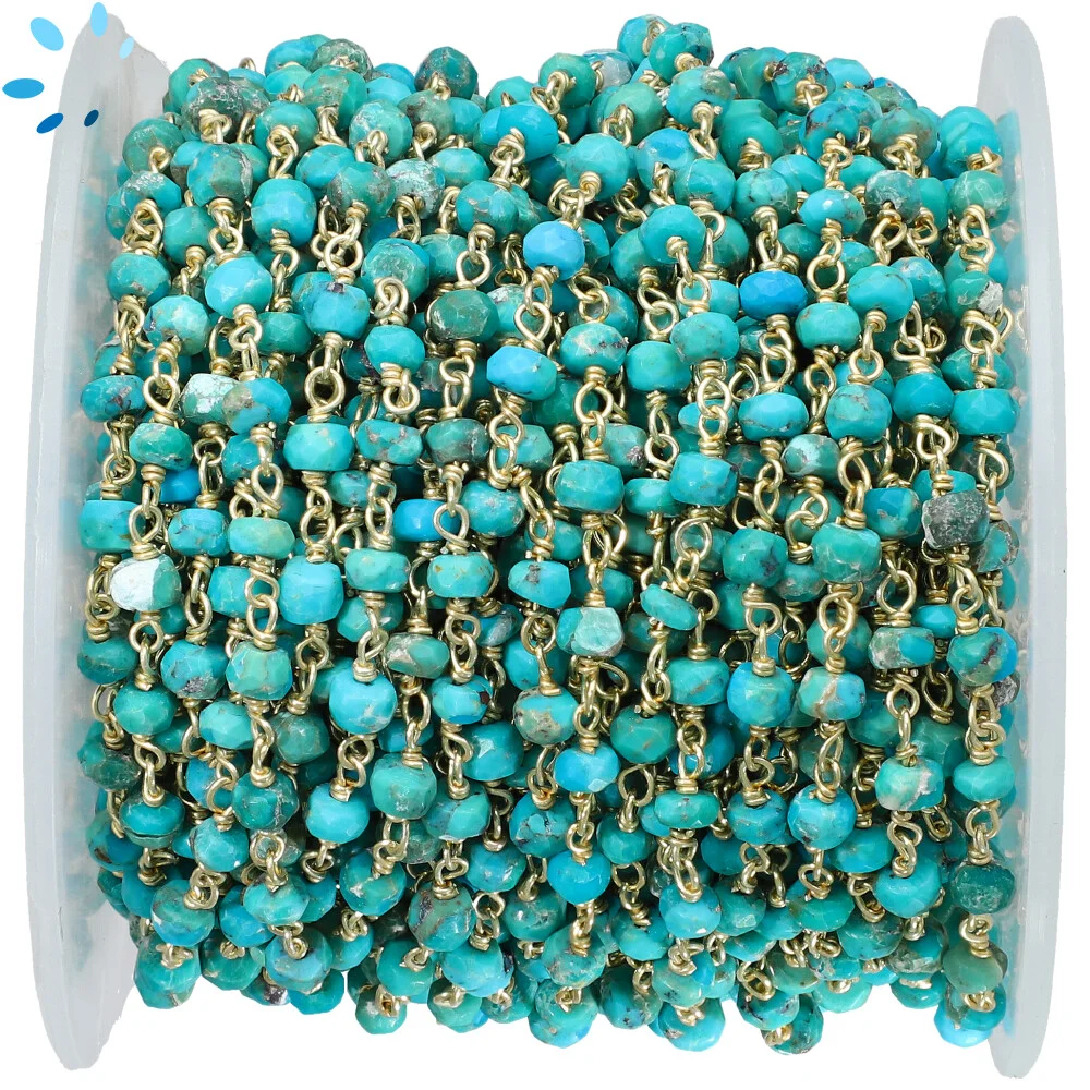 Kingman Stabilized Turquoise Faceted Button 3.5 - 4mm Sterling Silver Gold Plated Rosary Style Beaded Chain Per Foot