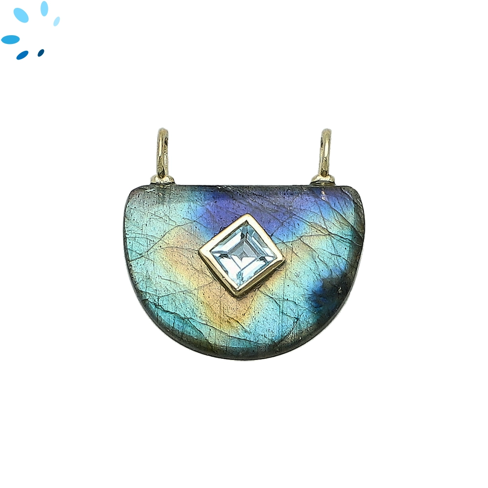Labradorite & Blue Topaz Fancy Shape Inlay Pendant Charm 24x16mm - 18k Gold Plated Sterling Silver