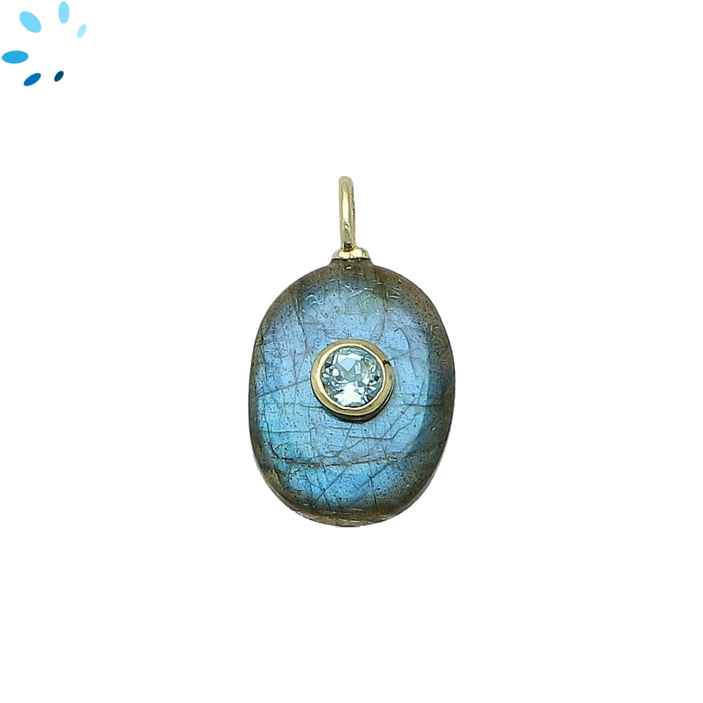 Labradorite & Blue Topaz Oval Inlay Charm Pendant 17x13mm - 18k Gold Plated Sterling Silver