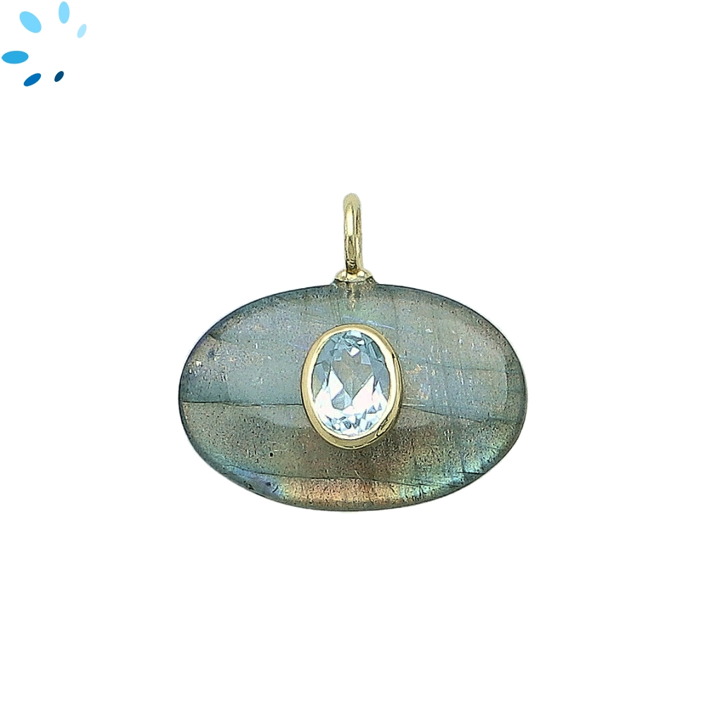 Labradorite & Blue Topaz Oval Inlay Charm Pendant 22x15mm - 18k Gold Plated Sterling Silver