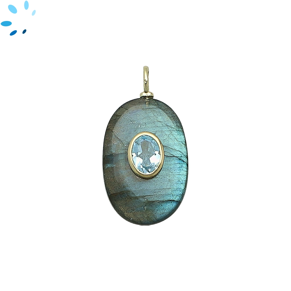 Labradorite & Blue Topaz Oval Inlay Pendant Charm 22x15mm - 18k Gold Plated Sterling Silver