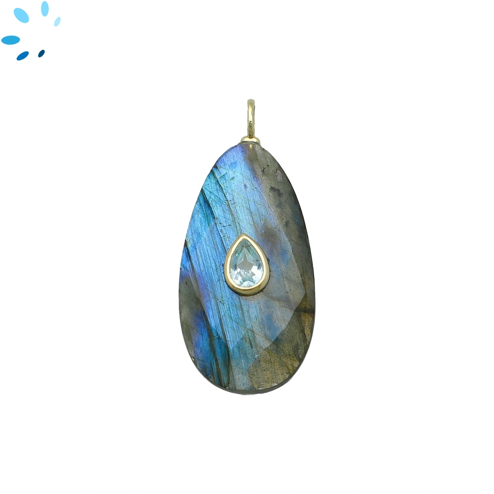 Labradorite & Blue Topaz Pear Inlay Pendant Charm 31x16mm - 18k Gold Plated Sterling Silver - 1 Piece