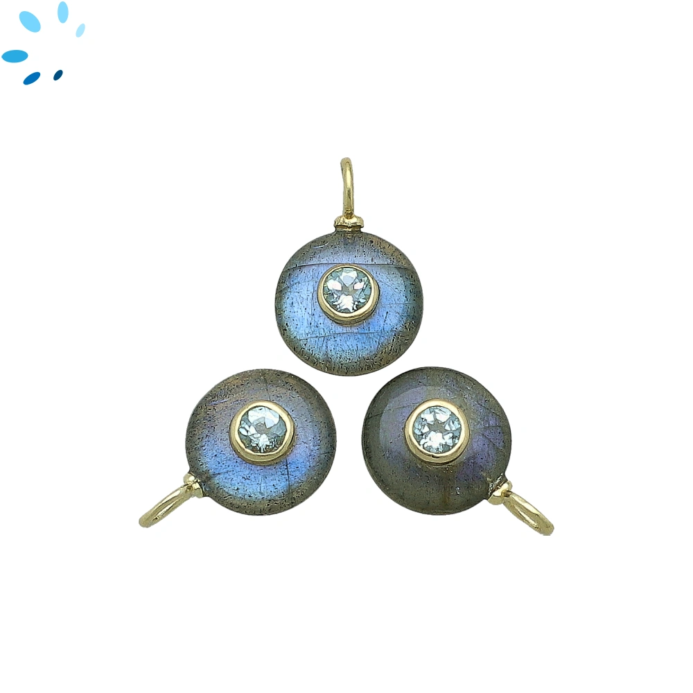 Labradorite & Blue Topaz Round Inlay Charm Pendant 12mm - 18k Gold Plated Sterling Silver - 1 Piece