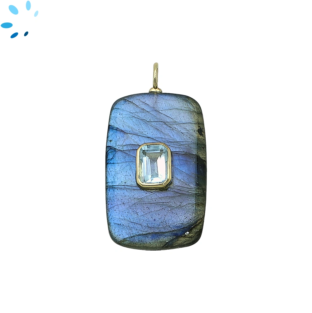 Labradorite & Blue Topaz Slab Rectangle Inlay Pendant Charm 28x18mm - 18k Gold Plated Sterling Silver 1 Piece