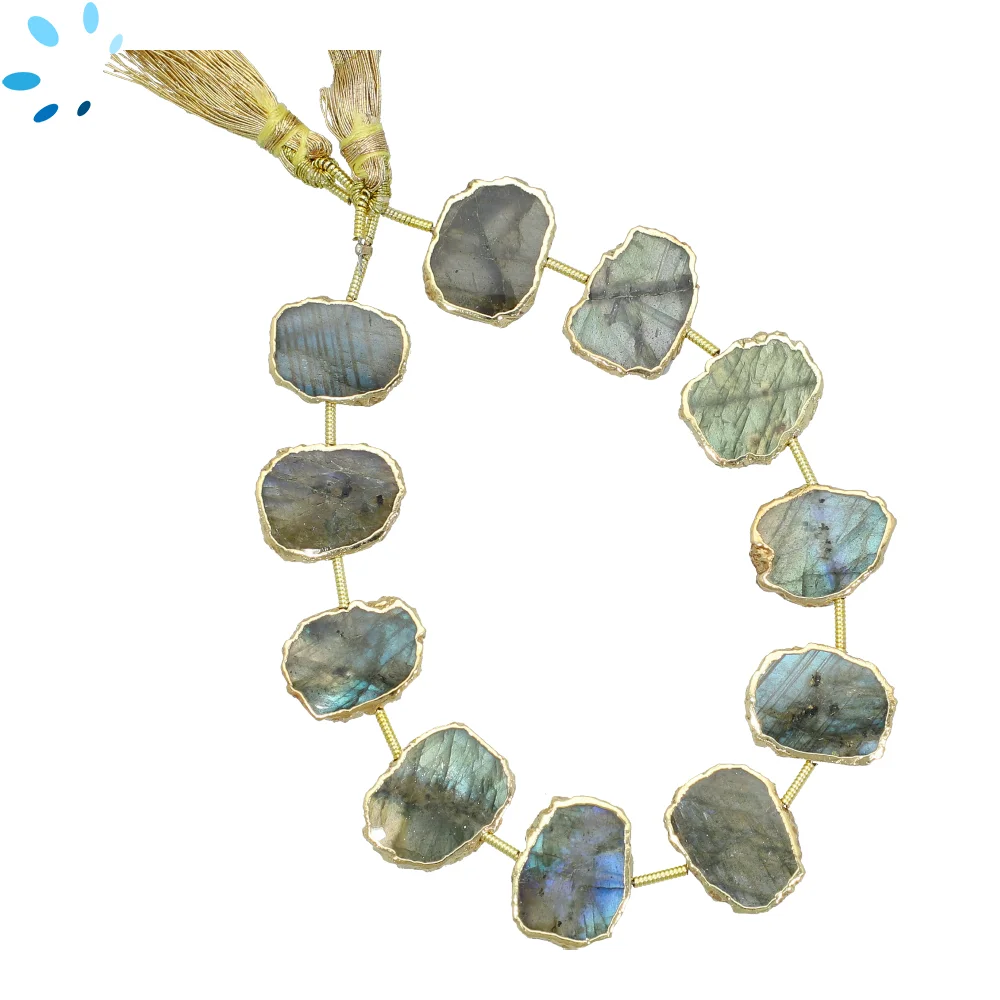 Labradorite Center Drilled Slice Beads 15x11 - 17x13mm - 18k Gold Electroplated