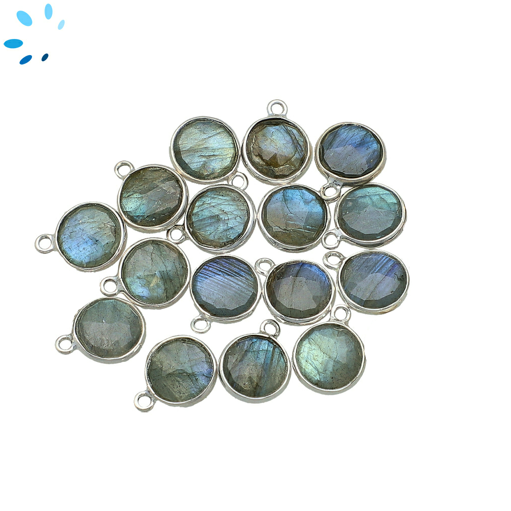 Labradorite Coin Bezel Charm Pendant 8mm - Platinum Plated Sterling Silver - Set of 4
