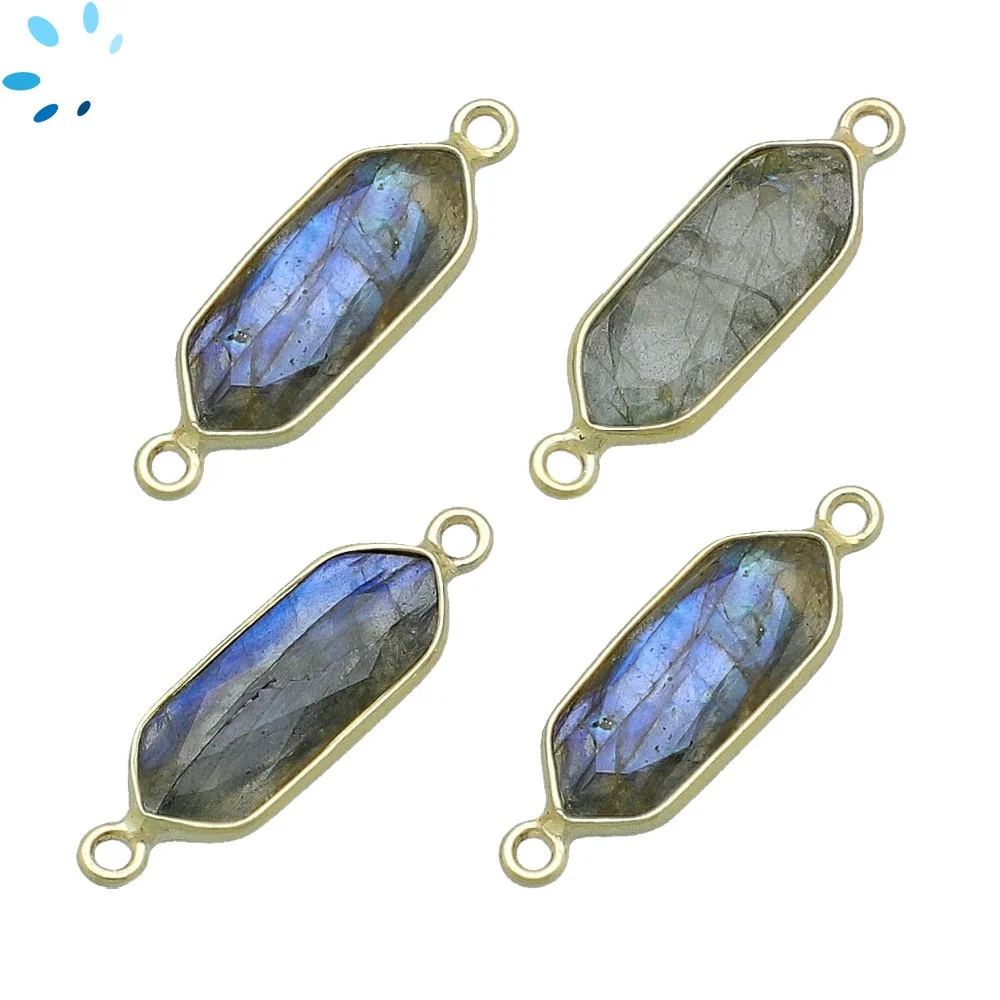 Labradorite Elongated Hexagon Bezel Connector 18x8 - 20x9mm - 18k Gold Plated Sterling Silver - Set of 4