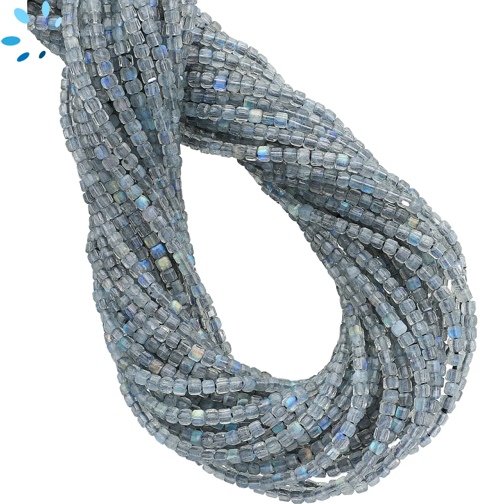 Labradorite Faceted Cube Top to Bottom Drilled Beads 2mm - 14 Inch Strand