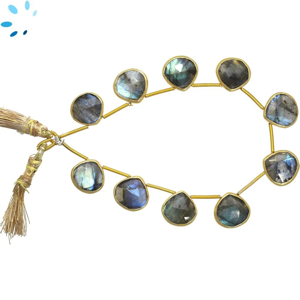 Labradorite Faceted Heart Bezel Set Beads 12mm Top Drilled - 18k Gold Plated Sterling Silver