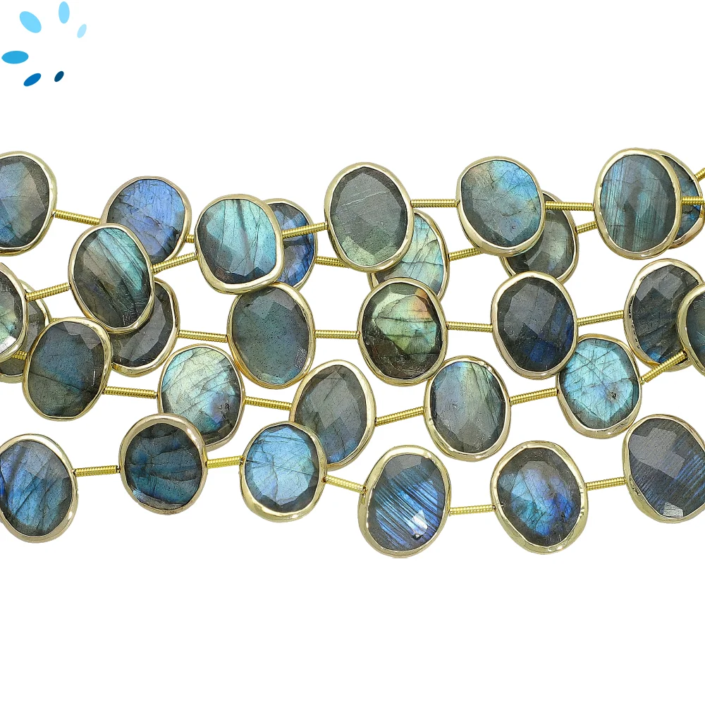 Labradorite Faceted Nuggets Bezel Set Beads 15x12mm Center Drilled - 18k Gold Plated Sterling Silver