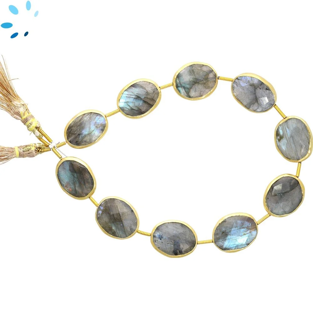 Labradorite Faceted Nuggets Bezel Set Beads 15x12mm Top to Bottom Drilled - 18k Gold Plated Sterling Silver