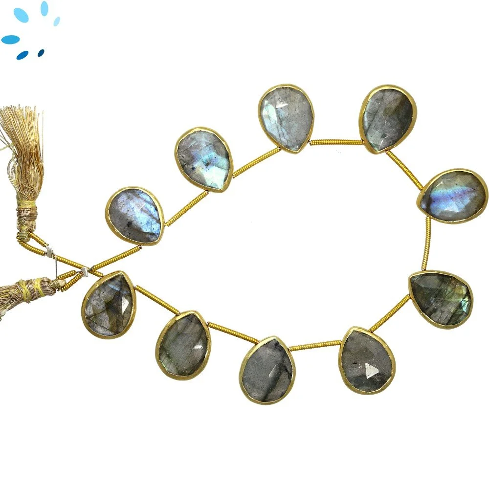 Labradorite Faceted Pear Bezel Set Beads 14x10 - 16x12mm Top Drilled - 18k Gold Plated Sterling Silver