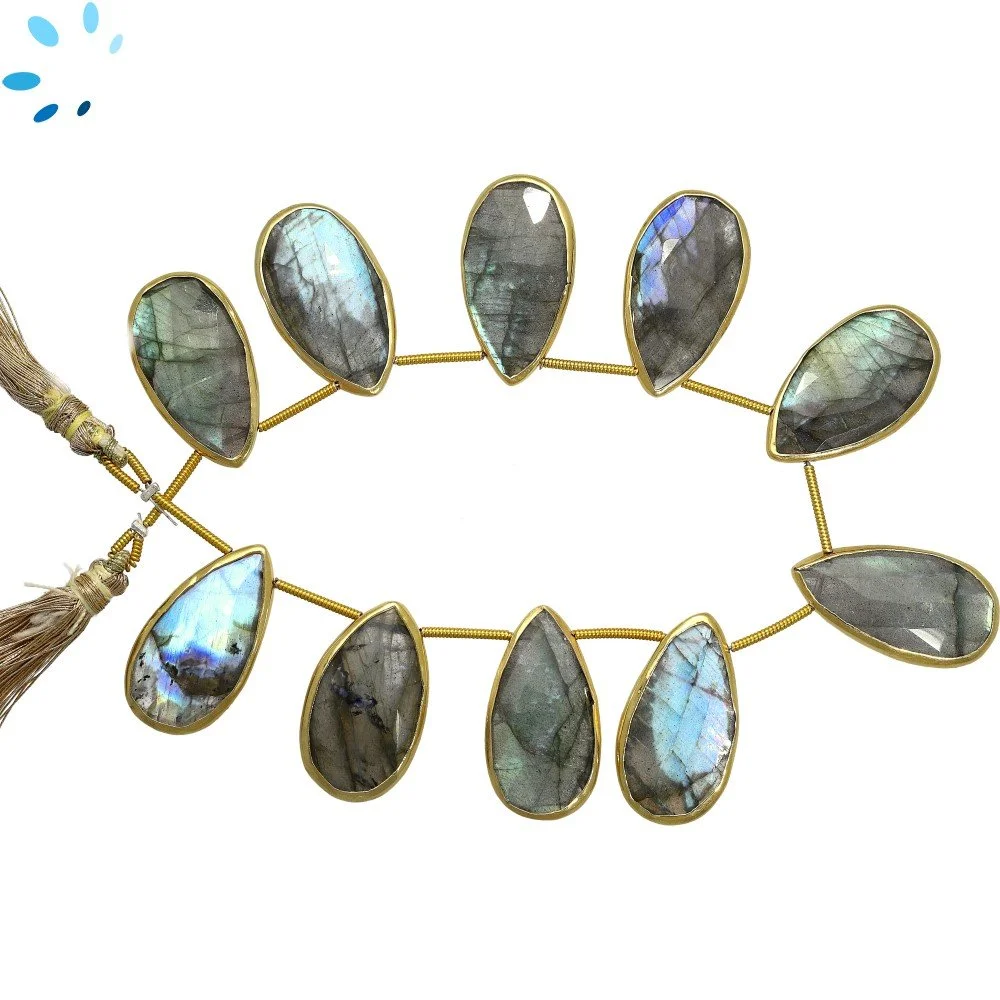 Labradorite Faceted Pear Bezel Set Beads 21x12 - 24x13mm Top Drilled - 18k Gold Plated Sterling Silver