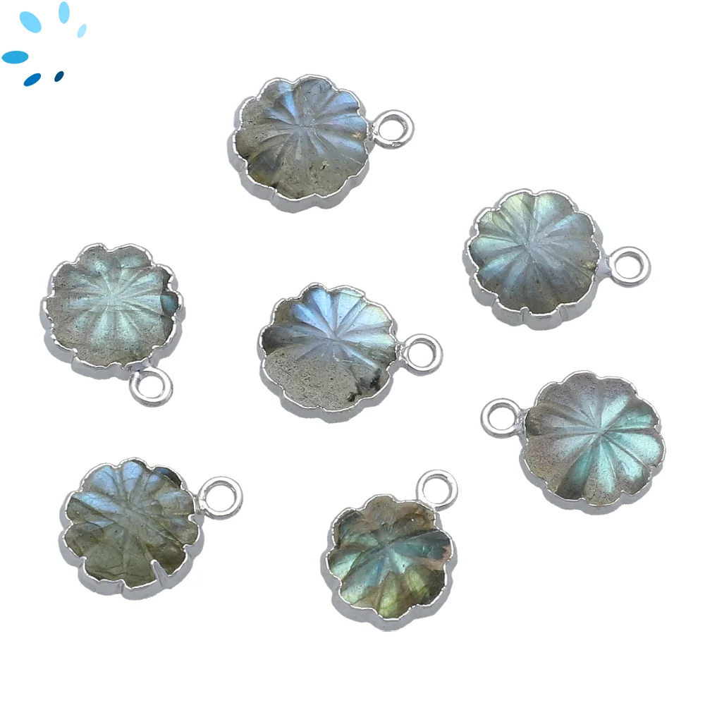 Labradorite Flower Pendant Charm 11mm Silver Electroplated - Set of 4
