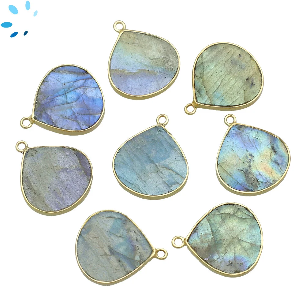 Labradorite Heart Bezel Charm Pendant 19mm - 18k Gold Plated Sterling Silver - Set of 2