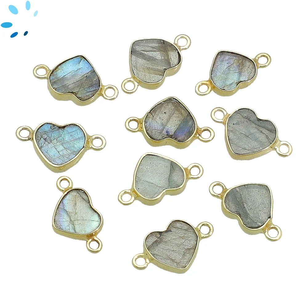 Labradorite Heart Bezel Connector 9mm - 18k Gold Plated Sterling Silver - Set of 4