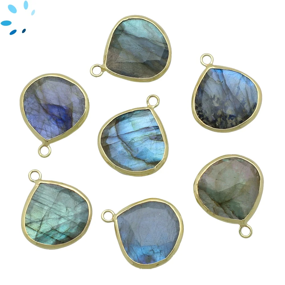 Labradorite Heart Bezel Pendant Charm 19mm - 18k Gold Plated Sterling Silver - Set of 2