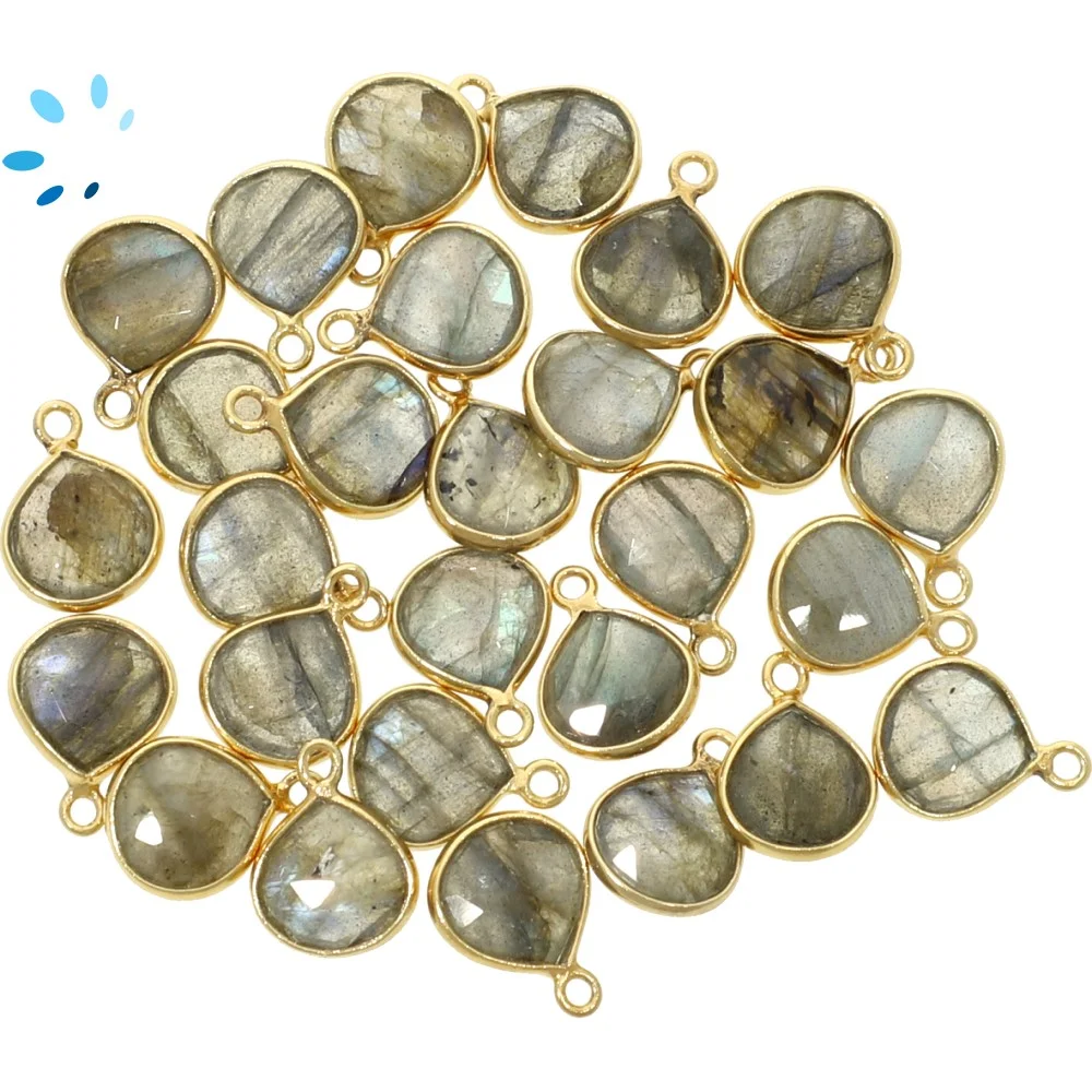 Labradorite Heart Bezel Pendant Charm 9mm - 18k Gold Plated Sterling Silver - Set of 4