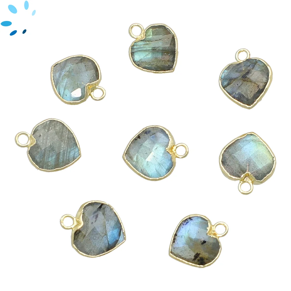 Labradorite Heart Pendant Charm 9mm 18k Gold Electroplated - Set of 4