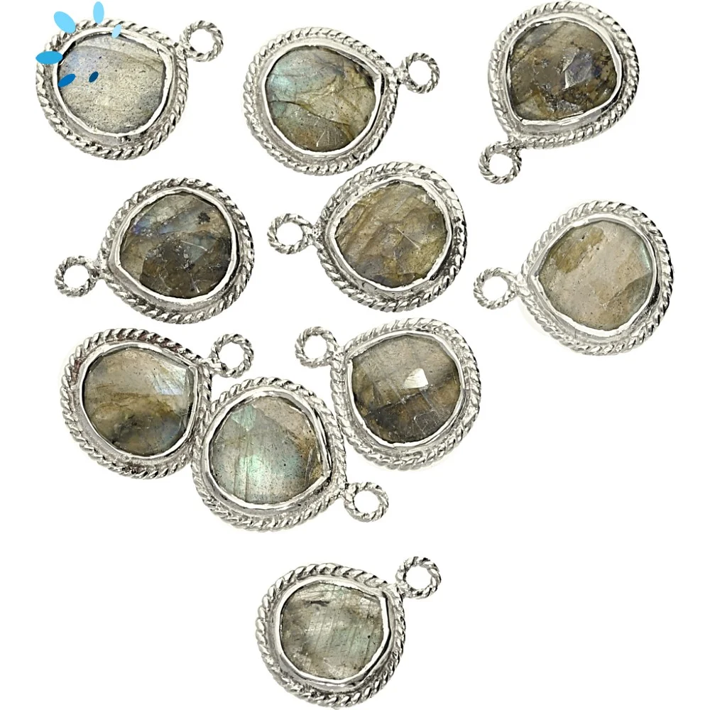 Labradorite Heart Twisted Wire Bezel Charm Pendant 10mm - Platinum Plated Sterling Silver - Set of 4
