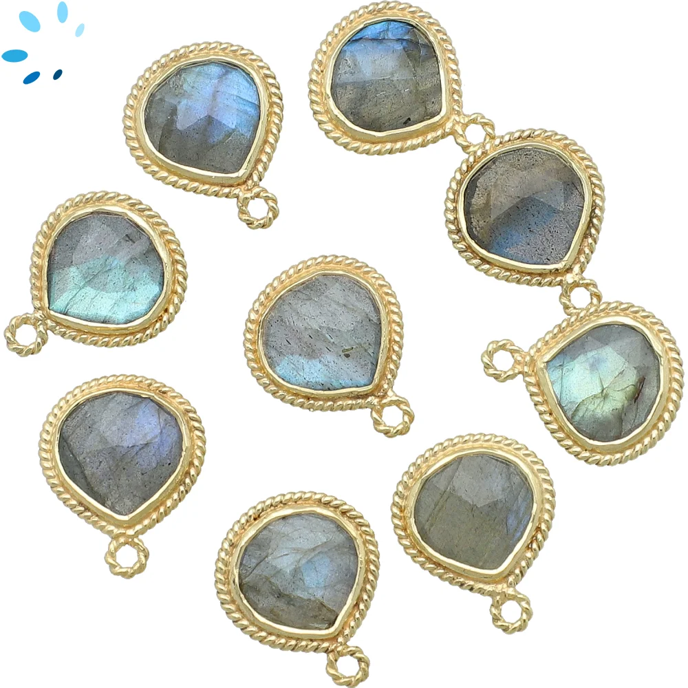 Labradorite Heart Twisted Wire Bezel Charm Pendant 14mm - 18k Gold Plated Sterling Silver - Set of 4