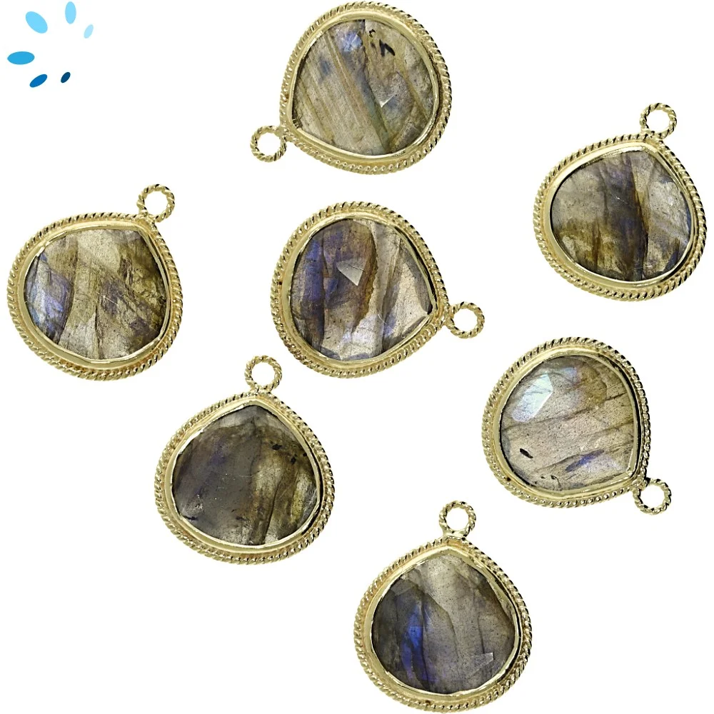 Labradorite Heart Twisted Wire Bezel Pendant Charm 18mm - 18k Gold Plated Sterling Silver - Set of 2