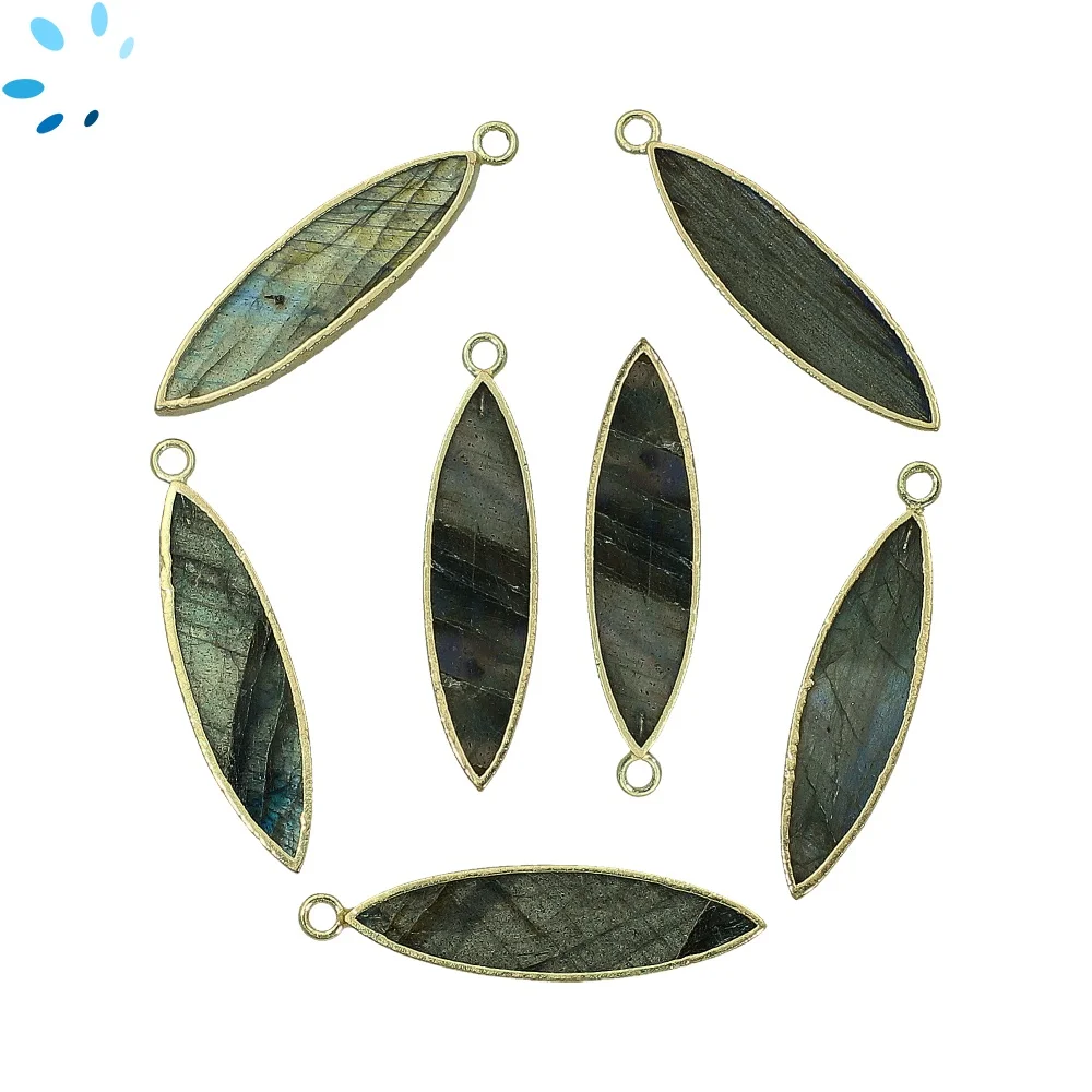 Labradorite Marquise Pendant Charm 30x7mm 18k Gold Electroplated - Set of 2