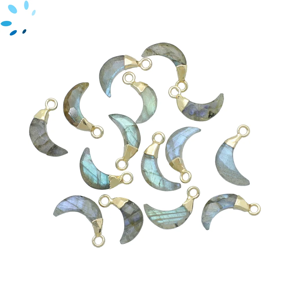 Labradorite Moon Charm Pendant 9x3mm 18k Gold Electroplated - Set of 4